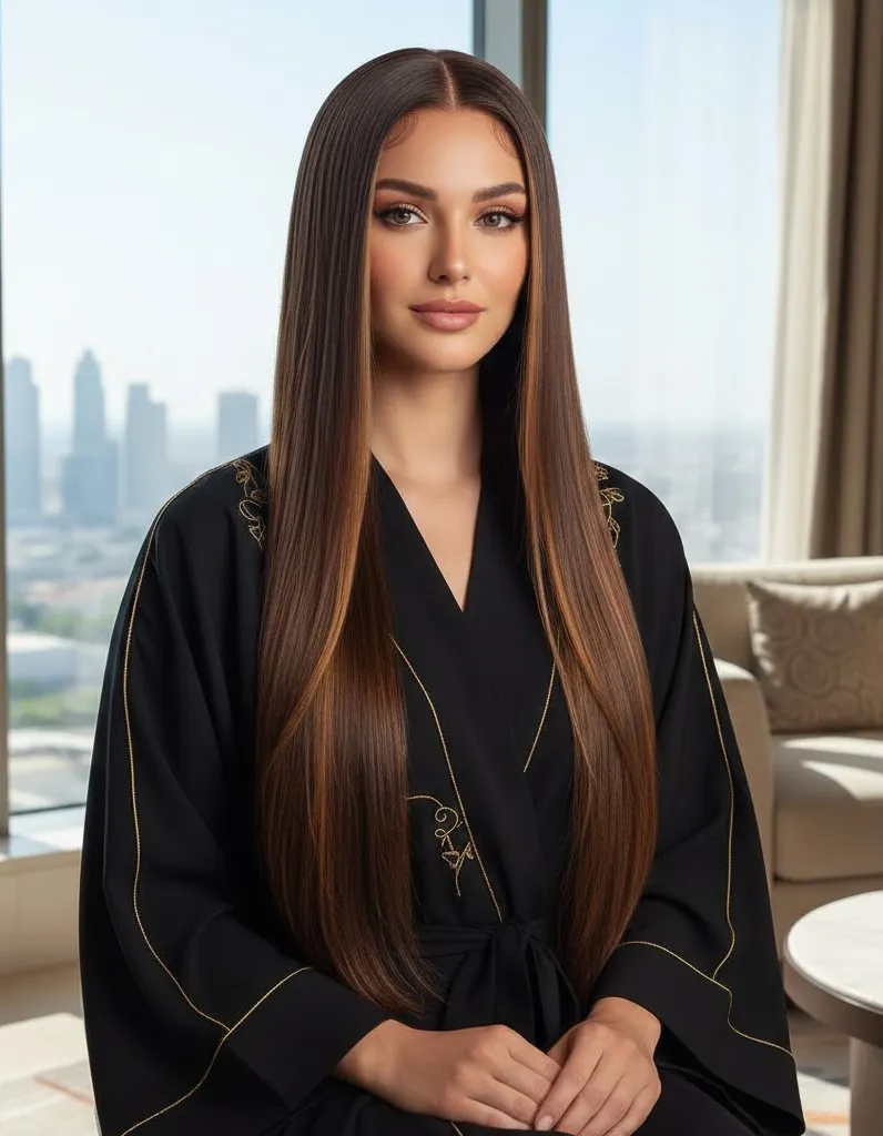 باروكة شعر طبيعي 100% لون بني شوكولاتة بخصلات عسلية، قصة ستريت انسيابية، طول 20 انش وكثافة طبيعية