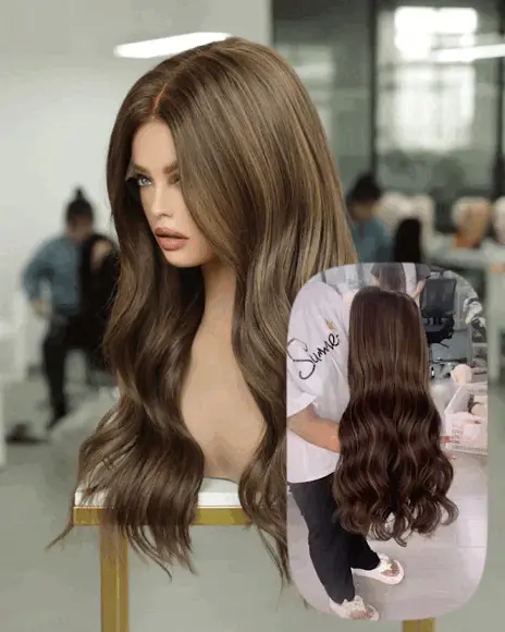 Warm chestnut brown natural human hair wig with soft waves, HD lace, 18-inch length, and high density
