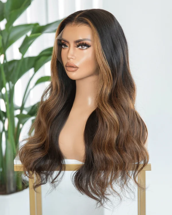 Natural brown human hair wig with caramel face-framing highlights, HD lace, 18-inch length, and high density