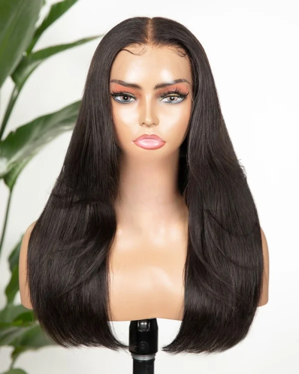 Classic black silky natural human hair wig, HD lace, 16-inch length, and high density.