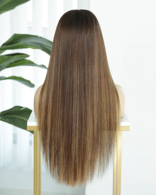 Brond ash blonde natural human hair wig with a fully straight style, HD lace, 20-inch length, and high density