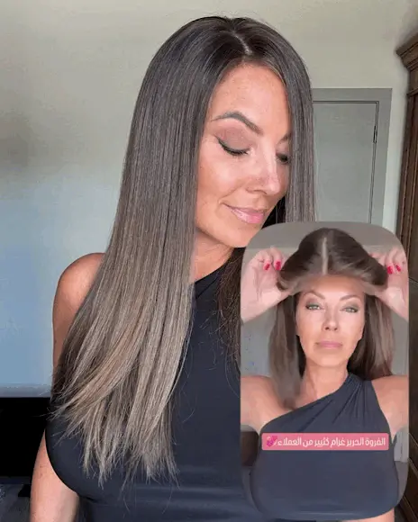 باروكة شعر طبيعي، لون بني رمادي دخاني بجذور داكنة طول 16 إنش، كثافة عالية