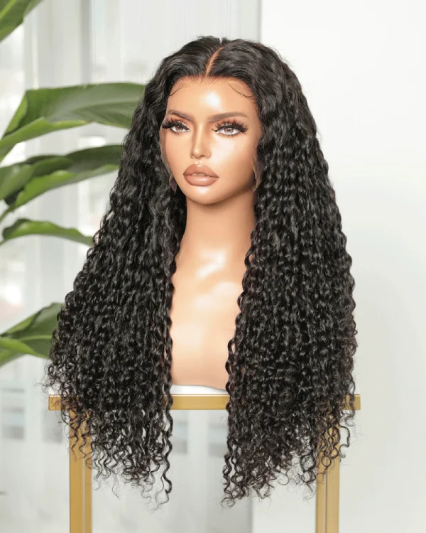 Jet black thick wavy natural human hair wig, HD lace, 22-inch length, and high density