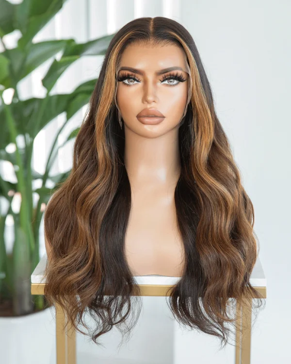 Natural brown human hair wig with caramel face-framing highlights, HD lace, 18-inch length, and high density