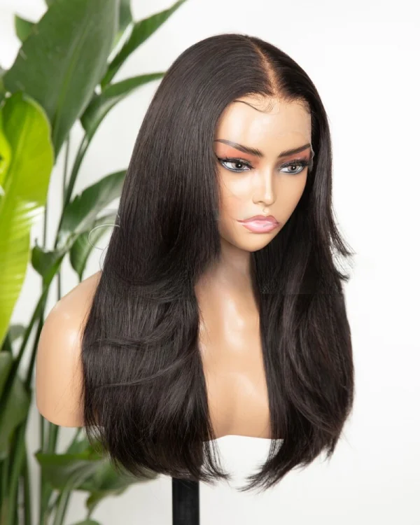 Classic black silky natural human hair wig, HD lace, 16-inch length, and high density.