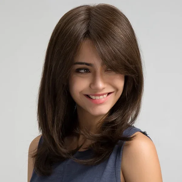 افضل باروكة شعر طبيعي بني متوسط لامع، قَصة لوب ذات طبقات ناعمة، وغرة جانبية 14 انش كثافة طبيعية