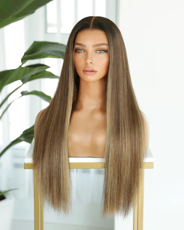 Brond ash blonde natural human hair wig with a fully straight style, HD lace, 20-inch length, and high density