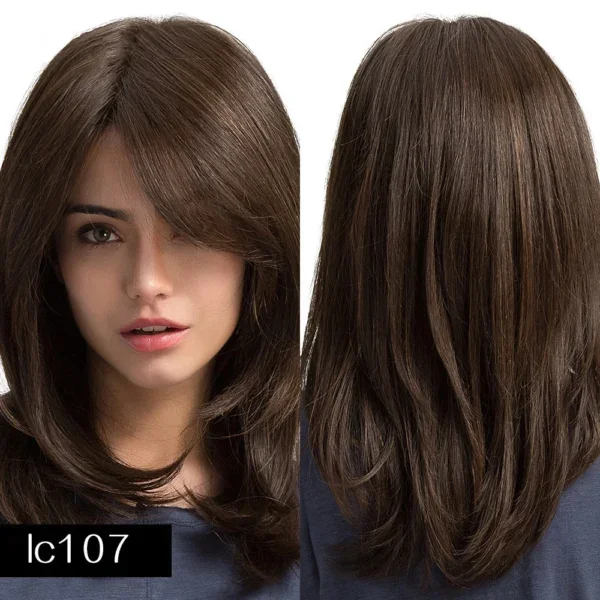 افضل باروكة شعر طبيعي بني متوسط لامع، قَصة لوب ذات طبقات ناعمة، وغرة جانبية 14 انش كثافة طبيعية