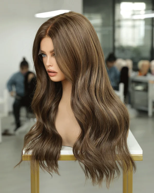 Warm chestnut brown natural human hair wig with soft waves, HD lace, 18-inch length, and high density