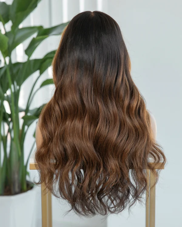 Natural brown human hair wig with caramel face-framing highlights, HD lace, 18-inch length, and high density