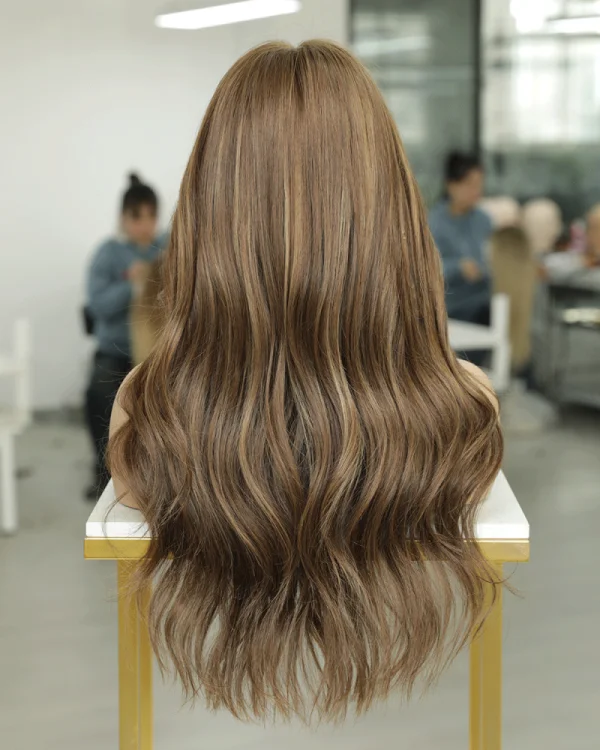 Warm chestnut brown natural human hair wig with soft waves, HD lace, 18-inch length, and high density