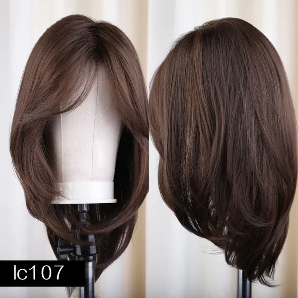 افضل باروكة شعر طبيعي بني متوسط لامع، قَصة لوب ذات طبقات ناعمة، وغرة جانبية 14 انش كثافة طبيعية